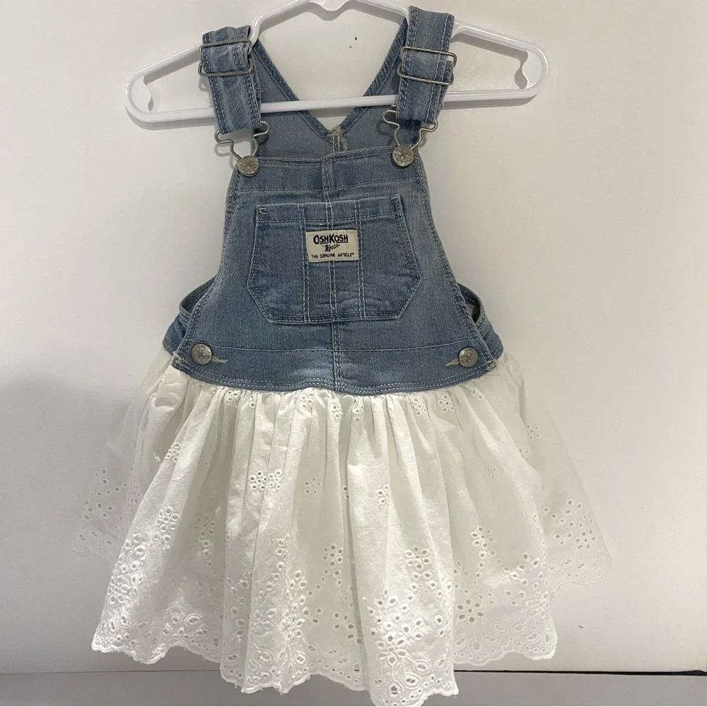 Oshkosh B'gosh Baby Girl 18M Denim Overall Jumper Dress White Eyelet Lace Skirt